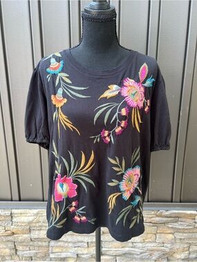 Johnny Was Black Short-Sleeve Tee with Multicolor Floral Embroidery